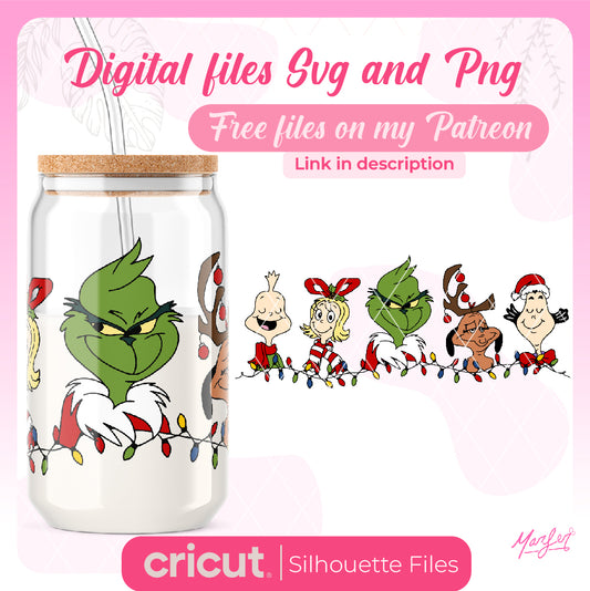 Christmas Green Monster Libbey Glass Can Wrap Svg, Christmas Cartoon Wrap Template, 20oz can glass svg Cricut Files