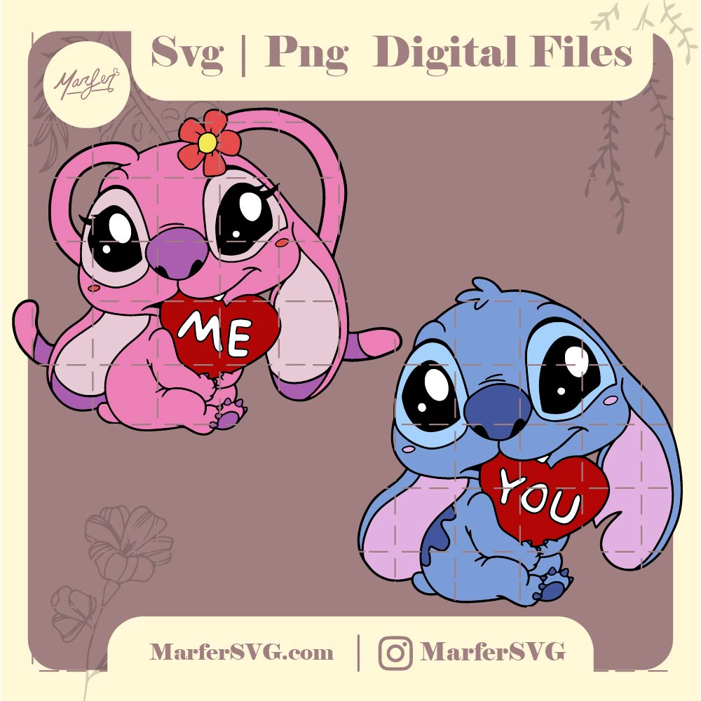 Stitch and angel valentines svg, jpg and png, Valentines Day stitch png, stitch and angel png, You and Me svg