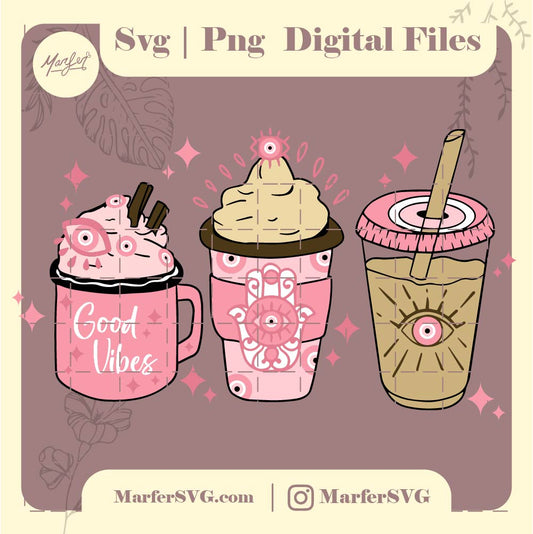 Evil eye coffee cups SVG, pink sublimation design download, Evil eye coffee cups png, Evil eye frappe png, Evil eye png sublimate designs download